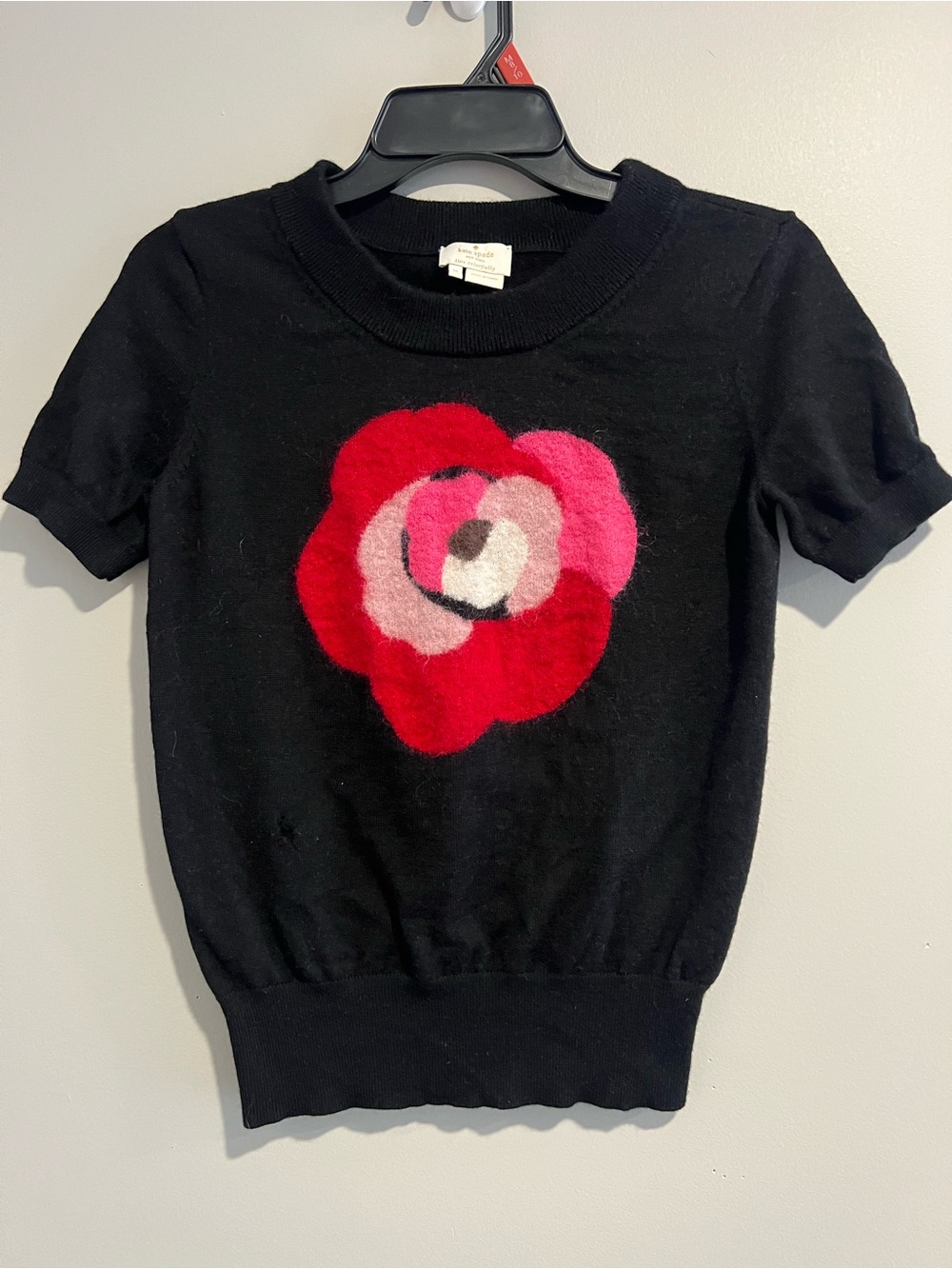 kate spade Black Short-Sleeve Sweater with Pink & Red Flower Applique